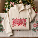EMBROIDERED Merry Christmas Sweatshirt,Merry Christmas Quarter Zip Coquette Bow Holiday - Image 4