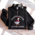 Embroidered Festive Goose On The Loose Quarter Zip Sweatshirt, Christmas Light Sweatshirt - Image 3