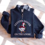 Embroidered Festive Goose On The Loose Quarter Zip Sweatshirt, Christmas Light Sweatshirt - Image 2