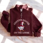 Embroidered Festive Goose On The Loose Quarter Zip Sweatshirt, Christmas Light Sweatshirt - Image 4
