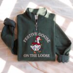 Embroidered Festive Goose On The Loose Quarter Zip Sweatshirt, Christmas Light Sweatshirt - Image 7