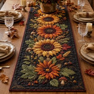 Sunflower Quilted-Style Table Runner, Autumn Harvest Farmhouse Decor