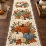 Quilted Pumpkin Table Runner, Fall Harvest Autumn Decor, Blue Orange Thanksgiving Runner - Image 2