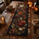 Quilted Fall Pumpkin Table Runner, Dark Floral Autumn Thanksgiving Decor - Image 3
