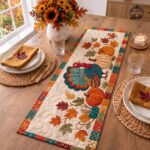 Turkey Thanksgiving Quilted Table Runner, Pumpkin Harvest Table Runner - Image 5