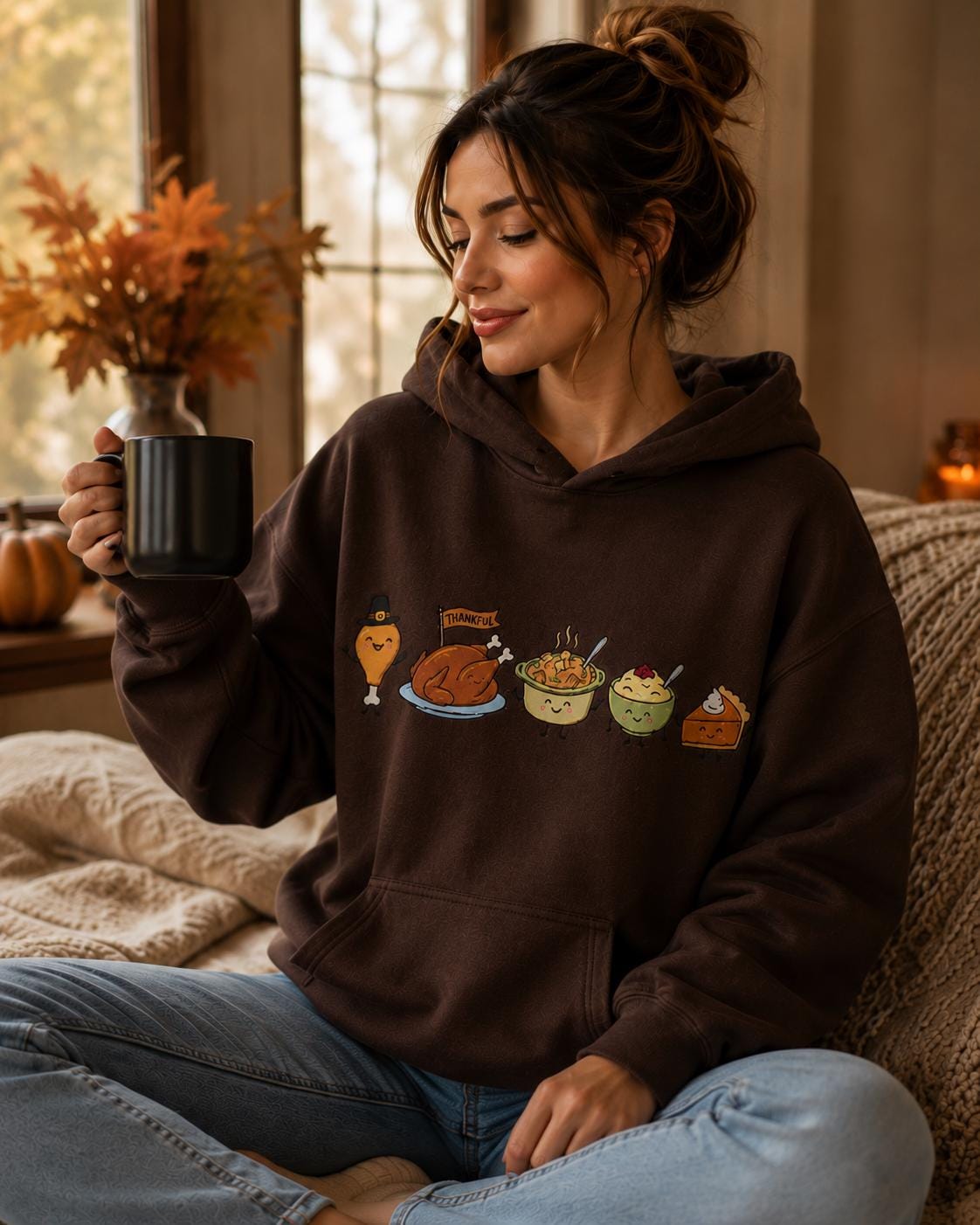 il_fullxfull.8316716767_h5et Thankful Thanksgiving Hoodie Cute Kawaii Fall Graphic Friendsgiving - Image 1