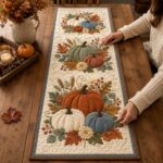Quilted Pumpkin Table Runner, Fall Harvest Autumn Decor, Blue Orange Thanksgiving Runner - Image 3