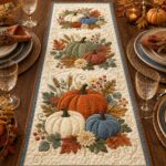 Quilted Pumpkin Table Runner, Fall Harvest Autumn Decor, Blue Orange Thanksgiving Runner