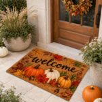 Fall Pumpkin Doormat Autumn Leaves Welcome Entrance Rug – Thanksgiving Porch Decor - Image 2