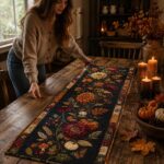 Quilted Fall Pumpkin Table Runner, Dark Floral Autumn Thanksgiving Decor - Image 2