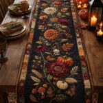 Quilted Fall Pumpkin Table Runner, Dark Floral Autumn Thanksgiving Decor