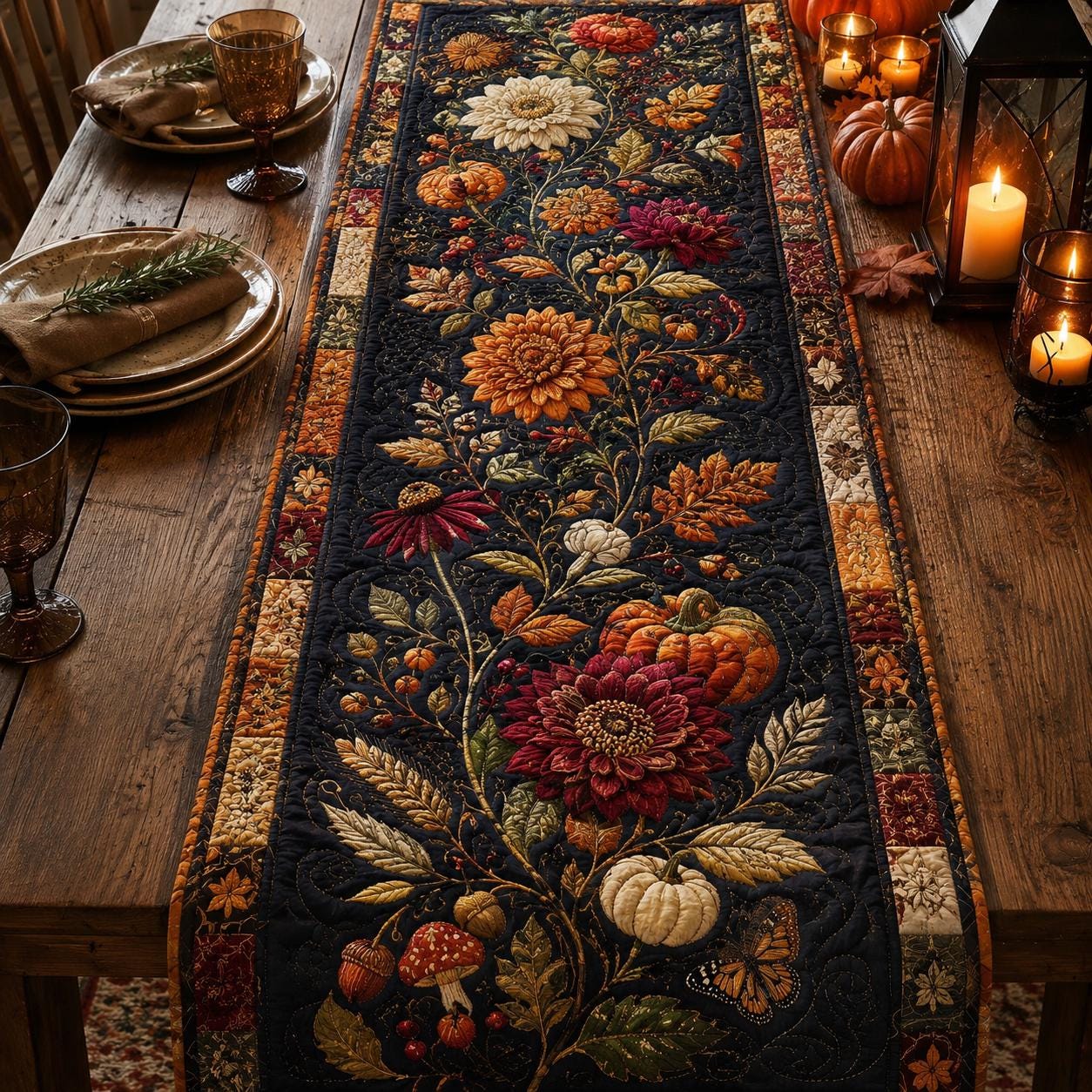 il_fullxfull.8338914563_fjs0 Quilted Fall Pumpkin Table Runner, Dark Floral Autumn Thanksgiving Decor - Image 1