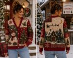 Christmas Cardigan Sweater, Snowman Holiday Knit, Christmas Tree Sweater, Cozy Winter Cardigan - Image 3