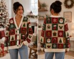 Christmas Cardigan Women, Festive Patchwork Sweater, Santa Snowflake Knit Cardigan - Image 2