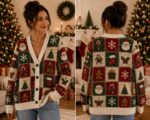 Christmas Cardigan Women, Festive Patchwork Sweater, Santa Snowflake Knit Cardigan - Image 4