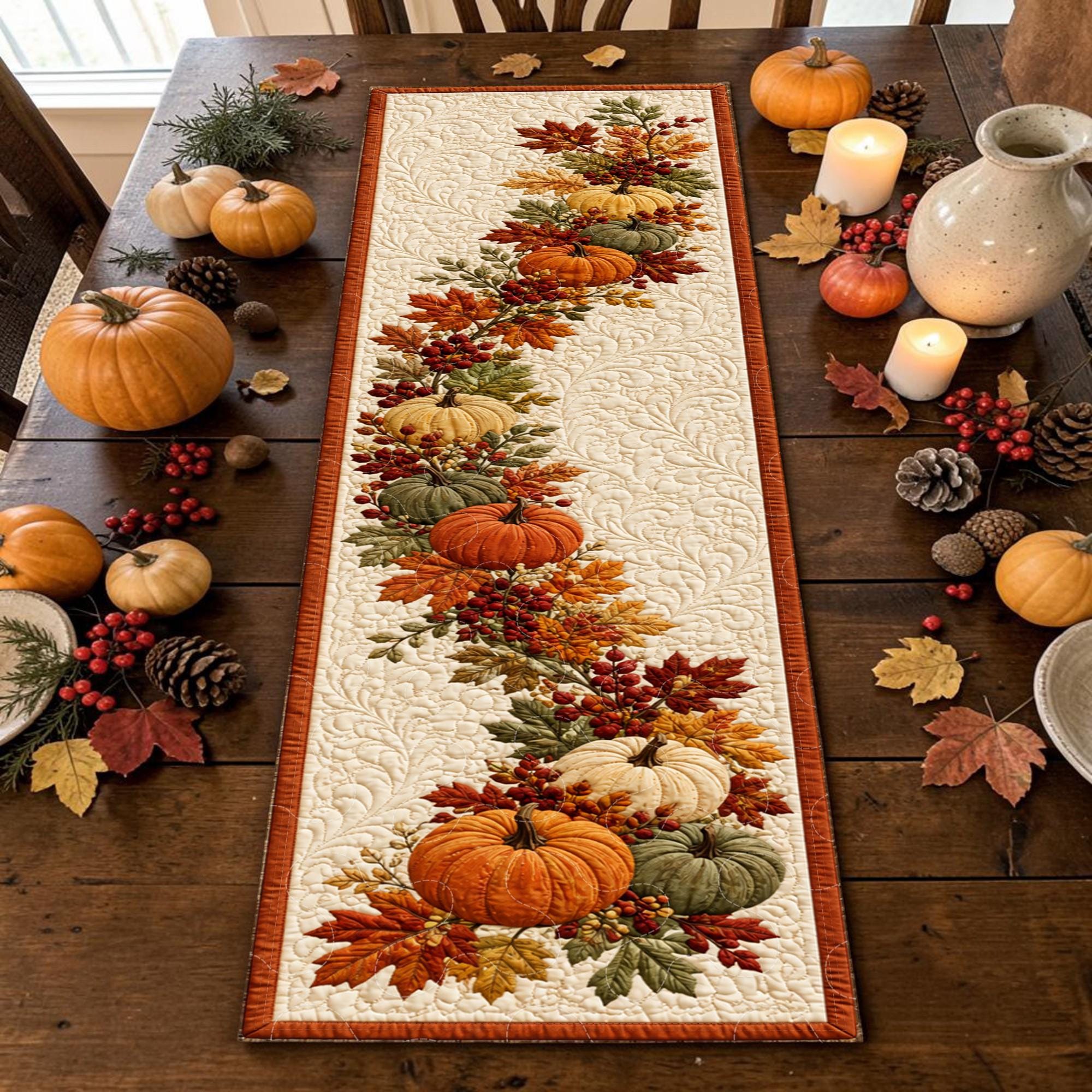 il_fullxfull.8350030417_dwgx Cascading Maple Leaves Pumpkins Quilted Table Runner, Thanksgiving - Image 1