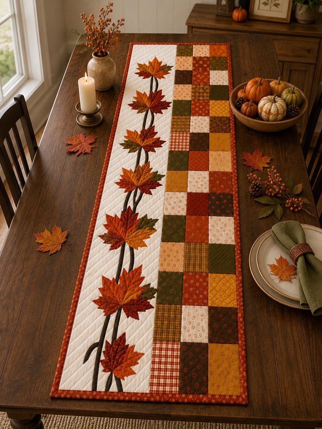 il_fullxfull.8350915076_rguq Fall Quilted Table Runner, Autumn Maple Leaf Runner, Patchwork Thanksgiving Table Decor, Farmhouse Dining Decor - Image 1