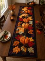 Fall Pumpkin Table Runner, Quilted Autumn Dining Decor, Thanksgiving Table Decor, Maple Leaf Harvest Runner, Rustic Farmhouse Kitchen Decor - Image 2
