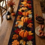 Fall Pumpkin Table Runner, Quilted Autumn Dining Decor, Thanksgiving Table Decor, Maple Leaf Harvest Runner, Rustic Farmhouse Kitchen Decor