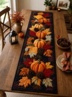 Fall Pumpkin Table Runner, Quilted Autumn Dining Decor, Thanksgiving Table Decor, Maple Leaf Harvest Runner, Rustic Farmhouse Kitchen Decor