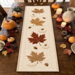 Fall Table Runner, Maple Leaf Pumpkin Quilted Table Runner, Neutral Autumn Table Decor, Thanksgiving Kitchen Decor, Harvest Dining Table Runner