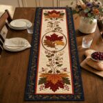 Fall Quilted Table Runner, Autumn Maple Leaf Dining Decor, Navy Harvest Table Runner, Rustic Farmhouse Kitchen Decor