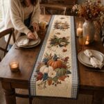 Thanksgiving Pumpkin Quilt Table Runner, Blue Gingham Rustic Farmhouse Dining Decor - Image 2