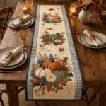 Thanksgiving Pumpkin Quilt Table Runner, Blue Gingham Rustic Farmhouse Dining Decor - Image 3