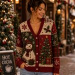 Christmas Cardigan Sweater, Snowman Holiday Knit, Christmas Tree Sweater, Cozy Winter Cardigan