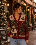 Christmas Cardigan Sweater, Snowman Holiday Knit, Christmas Tree Sweater, Cozy Winter Cardigan