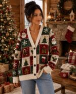 Christmas Cardigan Women, Festive Patchwork Sweater, Santa Snowflake Knit Cardigan - Image 5