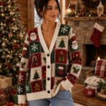 Christmas Cardigan Women, Festive Patchwork Sweater, Santa Snowflake Knit Cardigan