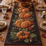 Harvest Pumpkin Quilted Table Runner Fall Leaves Decor, Thanksgiving Tablet