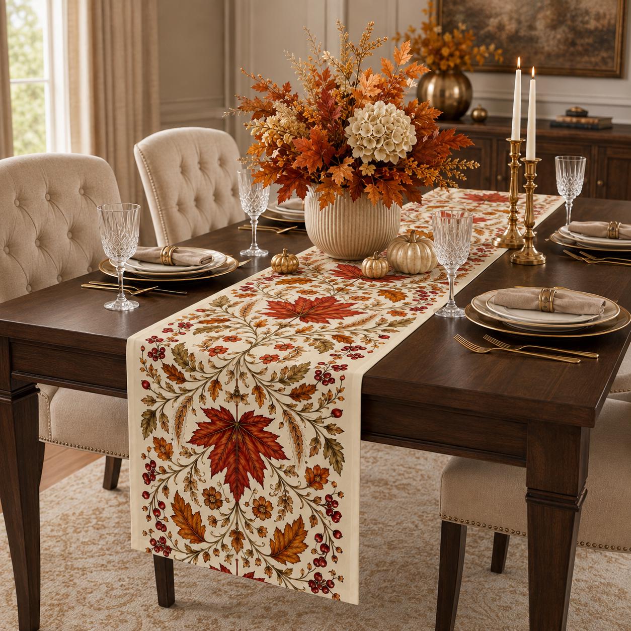 il_fullxfull.8425921175_46lo Autumn Maple Leaf Table Runner, Red Berry Botanical Runner, Vintage Thanksgiving Fall Decor - Image 1
