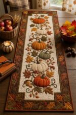 Pumpkin Quilted Table Runner, Fall Harvest Table Decor, Autumn Leaf Patchwork Runner - Image 4