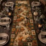 Quilted Fall Cabin Table Runner, Rustic Autumn Pumpkin Dining Table Decor