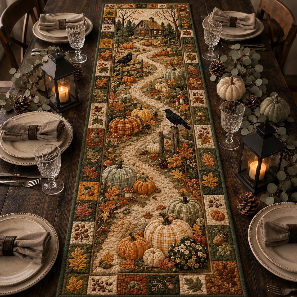 il_fullxfull.8471261869_5i4t Quilted Fall Cabin Table Runner, Rustic Autumn Pumpkin Dining Table Decor - Image 1