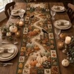 Quilted Fall Cabin Table Runner, Rustic Autumn Pumpkin Dining Table Decor - Image 3
