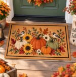 Pumpkin Fall Doormat, Sunflower Chickadee Welcome Mat, Thanksgiving Porch Mat - Image 2