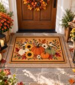 Pumpkin Fall Doormat, Sunflower Chickadee Welcome Mat, Thanksgiving Porch Mat - Image 3