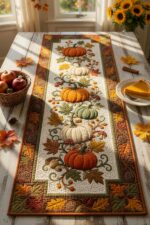 Pumpkin Quilted Table Runner, Fall Harvest Table Decor, Autumn Leaf Patchwork Runner