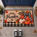 Hello Pumpkin Fall Doormat, Autumn Welcome Mat, Buffalo Plaid Pumpkin Rug
