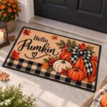 Hello Pumpkin Fall Doormat, Autumn Welcome Mat, Buffalo Plaid Pumpkin Rug - Image 4