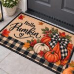 Hello Pumpkin Fall Doormat, Autumn Welcome Mat, Buffalo Plaid Pumpkin Rug - Image 2