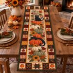 Pumpkin Thanksgiving Patchwork Quilted Table Runner, Black Cat Autumn Harvest Decor - Image 3