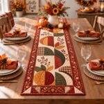Pumpkin Quilted Table Runner, Autumn Harvest Decor, Fall Leaf Farmhouse Style, Thanksgiving Dining Decor