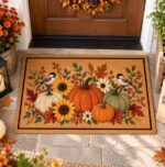 Pumpkin Fall Doormat, Sunflower Chickadee Welcome Mat, Thanksgiving Porch Mat