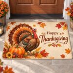 Happy Thanksgiving Turkey Doormat, Fall Harvest Pumpkin Autumn Maple Leaves Outdoor - Image 2
