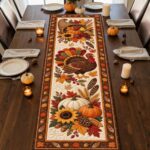 Autumn Cornucopia Turkey Quilted-Style Table Runner, Orange Brown Thanksgiving Harvest Decor