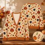Thanksgiving Turkey Cardigan, Fall Pumpkin Knit Sweater, Autumn Harvest Button Up Cardigan